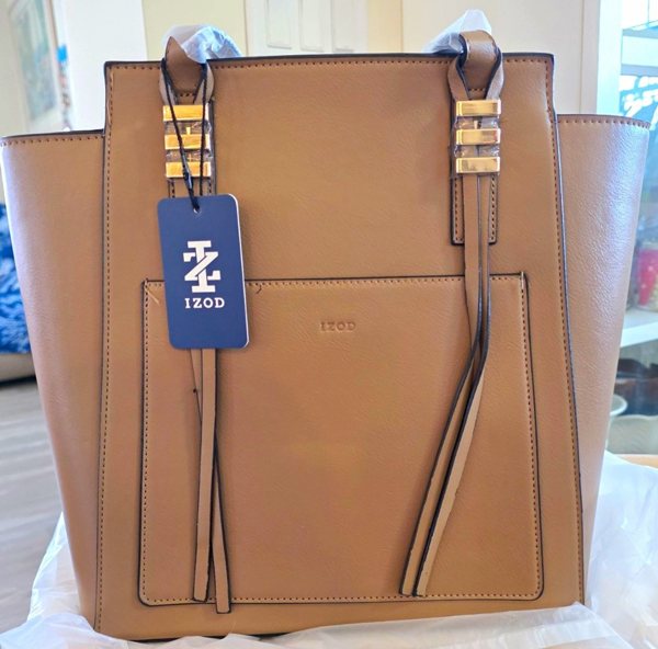 IZOD Tan Faux Leather Leg. Tote Handbag 2 Handles Lined Gold Hardware Great Gift