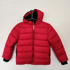 Red hooded puffer jacket