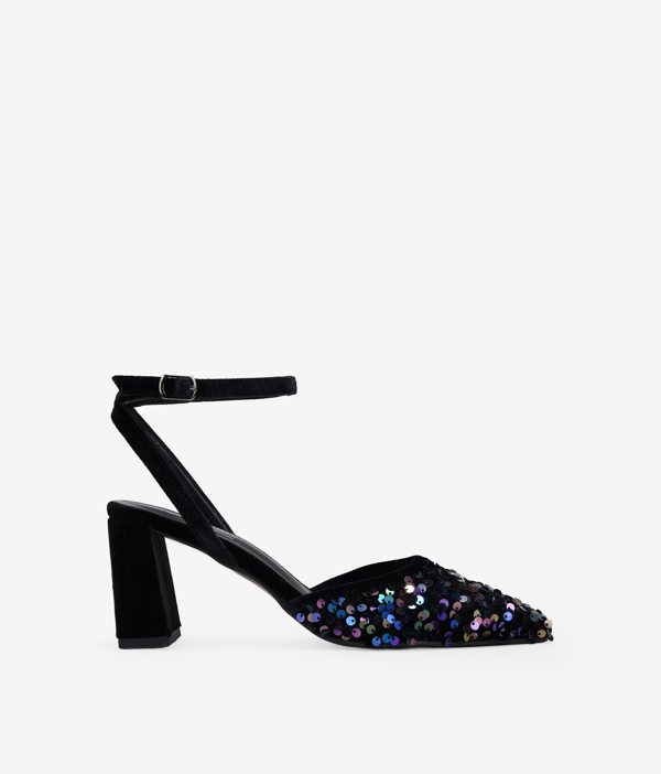 Bosanova Zapatos destalonados para mujer en terciopelo con lentejuelas púrpura y tacón en bloque. Cierre de pulsera con hebilla al tobillo.
