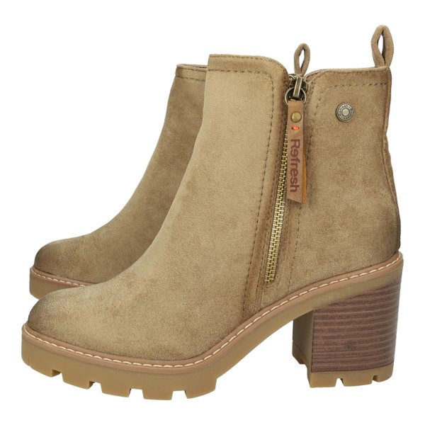 Botines marca REFRESH para mujer en color taupe. Botines Mujer Refresh con Cremallera, Antelina Taupe, Tacón Ancho, Cómodos y Modernos para Otoño-Invierno